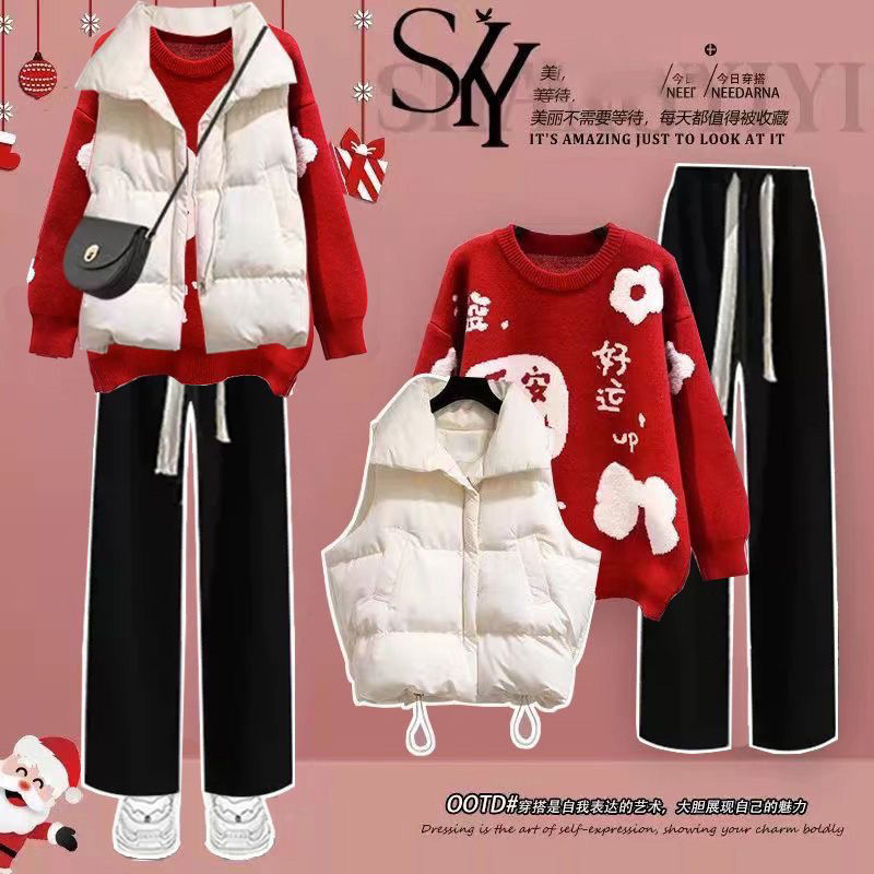 冬季套装女2024新年战袍棉服马甲配红色针织毛衣显瘦休闲裤三件套