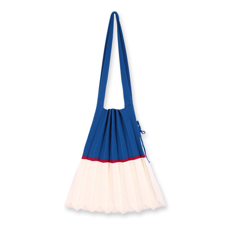 全新休闲风琴包针织褶皱包拼接撞色单肩包可折叠三色购物袋编织