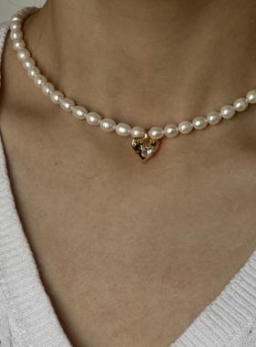 sweetbones珍珠爱心锆石项链高级质感复古轻奢