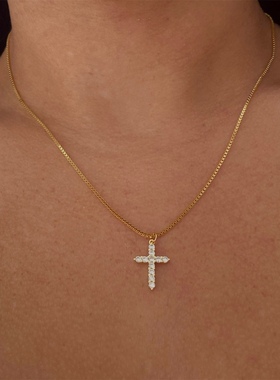 sweetbones辣妹金色盒链十字架极简风锆石吊坠爆闪