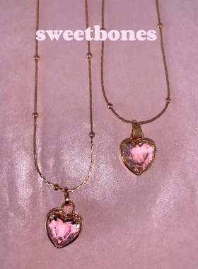 sweetbones美式甜心粉色爱心锆石项链吊坠辣妹饰品ins