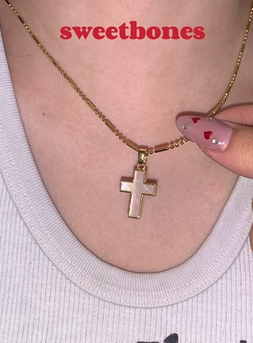 sweetbones辣妹贝母十字架金色吊坠项链复古甜心饰品