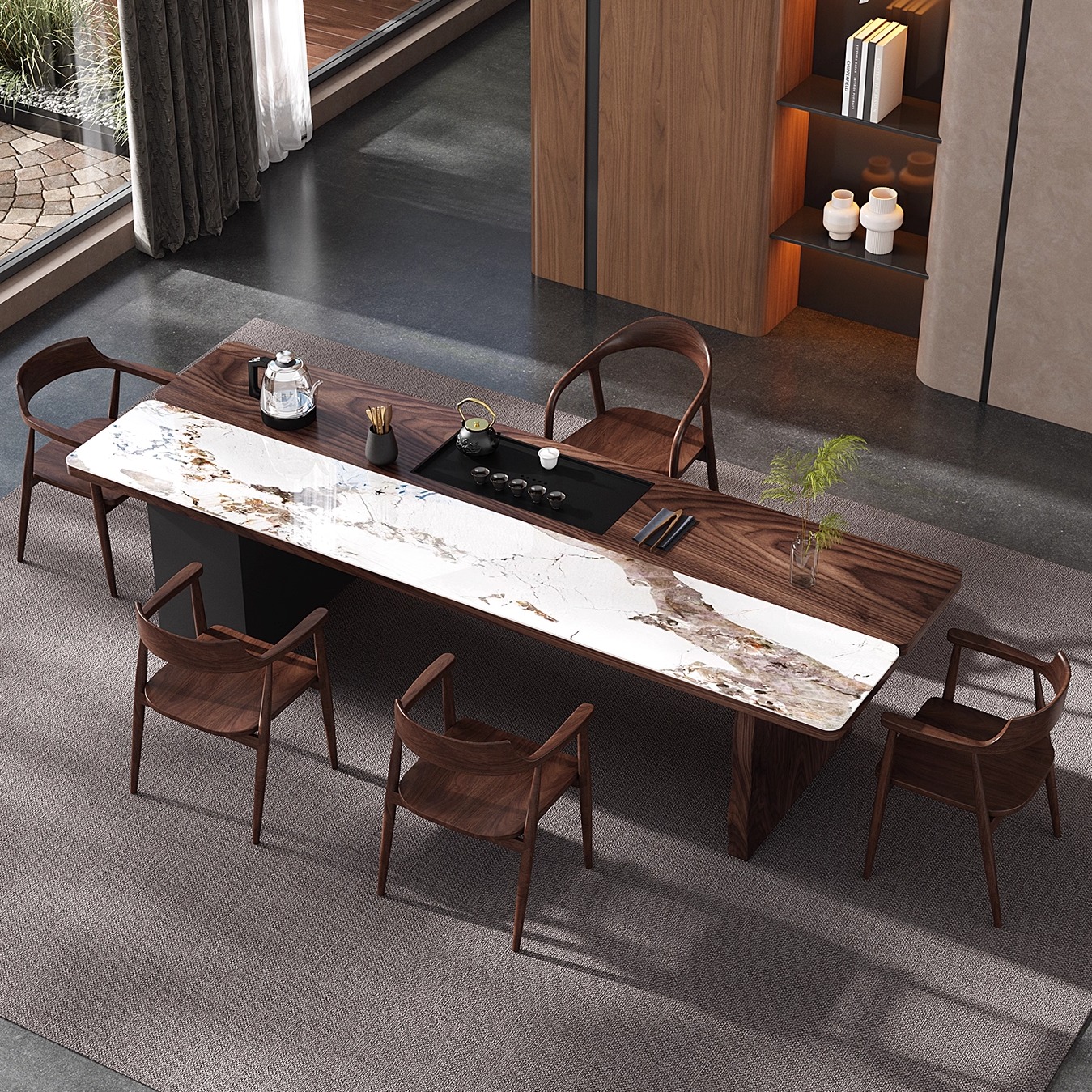 南美黑胡桃木新中式岩板实木茶桌椅组合办公室会客接待泡茶台现代