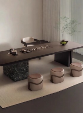 意式实木茶桌岛台一体泡茶桌椅组合黑色茶台轻奢高级感现代简约