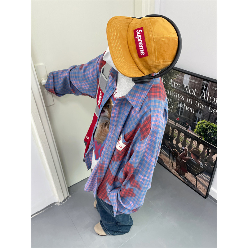 巨兽人 多巴胺穿搭撞色格子长袖衬衫女百搭宽松夏季休闲薄款上衣