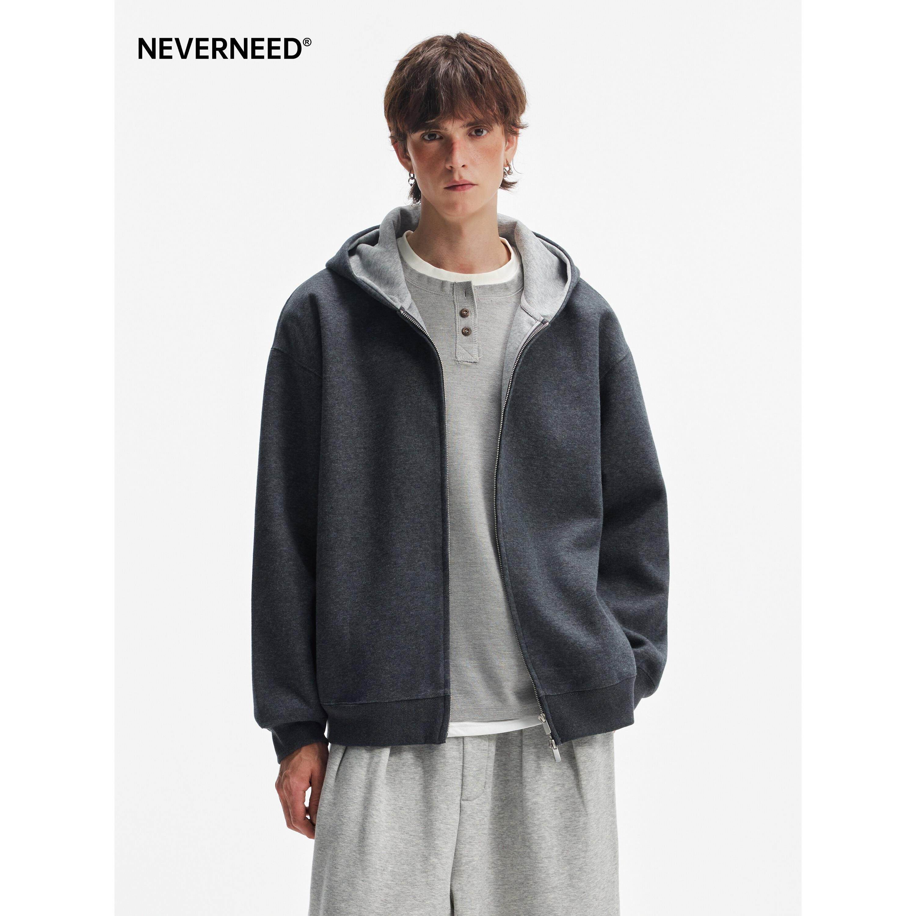 NEVERNEED美式cleanfit连帽卫衣男女boxy短款双拉炼撞色开衫外套