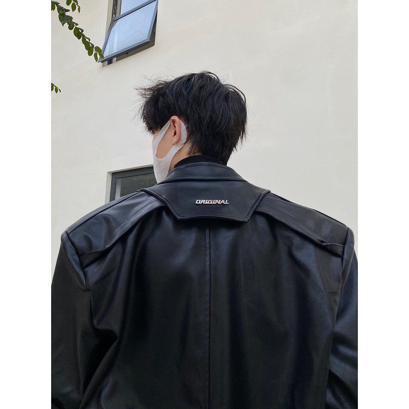 高级感短款机车皮衣男女小众金属设计感黑色休闲翻领垫肩夹克外套