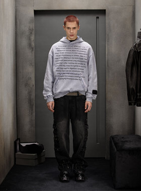 CMF秋冬复古重磅连帽紫色卫衣男士宽松oversize字母满印潮牌上衣