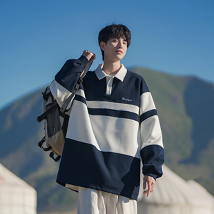 港仔文艺男420g重磅条纹polo领卫衣男春秋款休闲美式男生无帽上衣