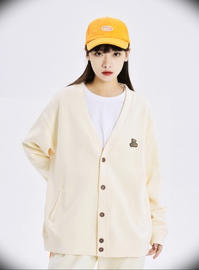 DRINTO小熊刺绣v领开衫针织衫男女情侣宽松休闲外套春夏秋学院风