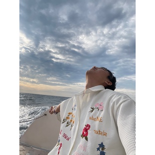 TWORED美式复古华夫格彩色花卉刺绣衬衫短袖宽松慵懒风休闲百搭