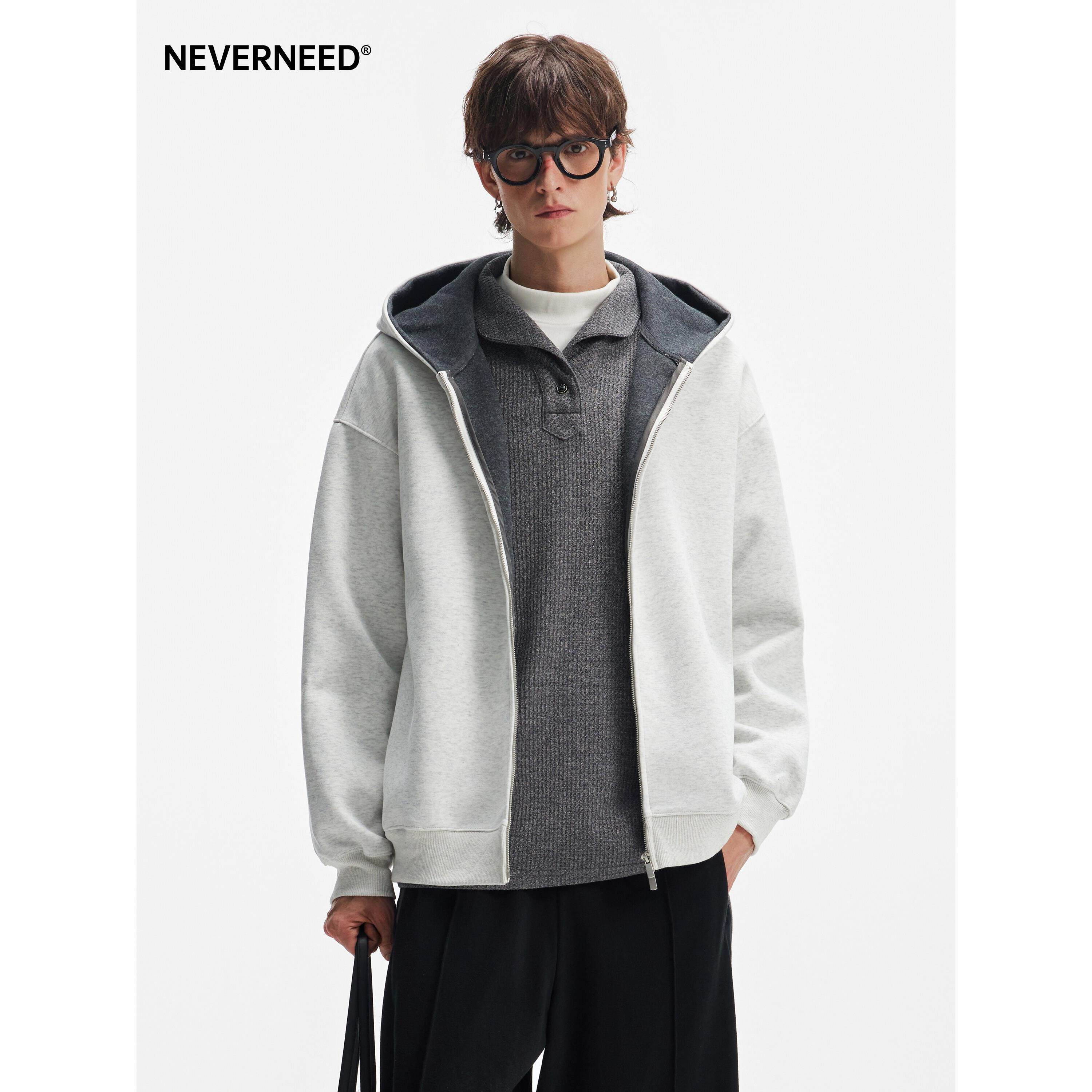 NEVERNEED重磅撞色连帽卫衣男女秋季美式潮牌双拉炼宽松开衫外套