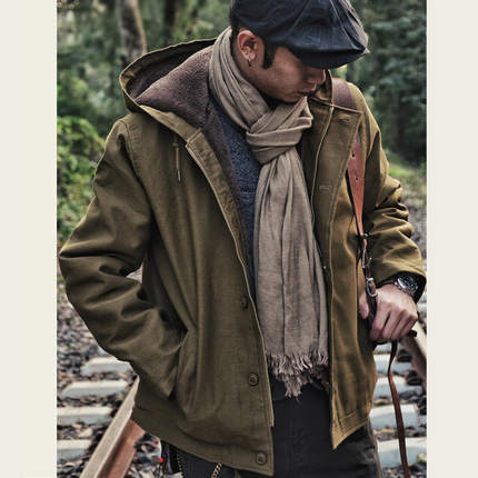 冬季复古工装棉服户外甲板服潮流加绒加厚棉衣男带帽羊羔绒外套