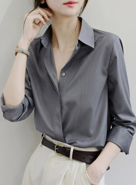 暗门襟灰色宽松衬衫长袖女商务职业通勤lo气质衬衫chic感