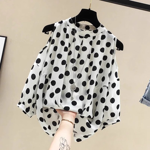 新款 大碼 夏季 胖妹妹寬松顯瘦遮肚子上衣波點(diǎn)露肩短袖 女裝 雪紡