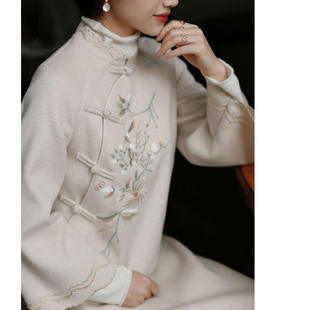 改良版旗袍冬季款毛呢少女时尚中国风旗袍式连衣裙气质长款女