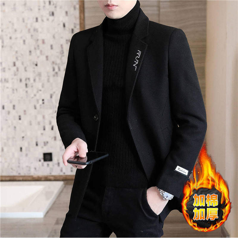 中长款夹克男士秋冬季潮流加绒加厚连帽呢子大衣潮牌韩版风衣外套