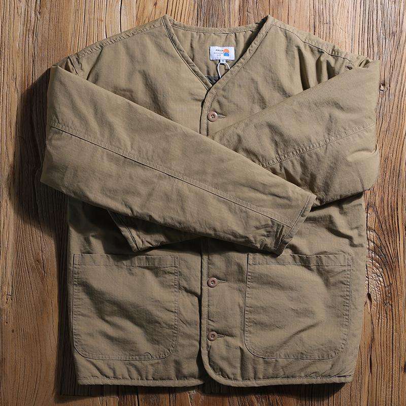 日系复古无领棉服男冬季菱形格棉