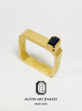 AUSTIN翱森·方寸之间 中性风小方戒男戒 培育蓝宝石 银镀18K金