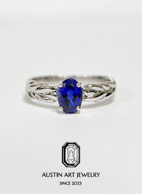 AUSTIN·月桂叶复古中性风戒指 培育蓝宝石 1.5ct 925银镀18K白金