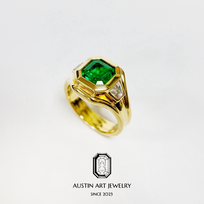 AUSTIN·质感绅士 重工三石款男戒·培育祖母绿·925银厚镀22K金
