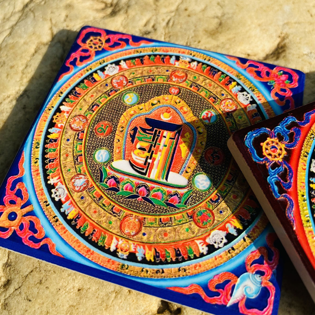 文创陶瓷磁吸冰箱贴西藏手绘唐卡十相自在坛城桌面摆件小佛像背光