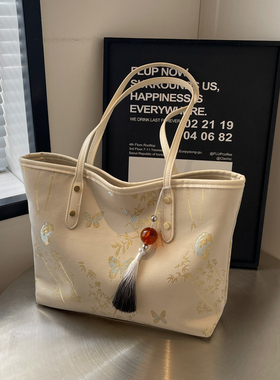 新中式手提托特包女2026夏季时尚潮流刺绣单肩包大容量百搭大包包