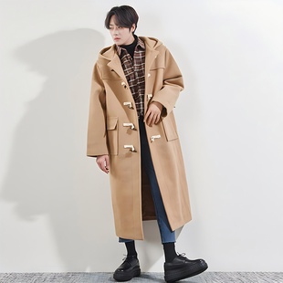 连帽复古牛角扣男装 加绒加厚韩版 呢子外套 秋冬季 毛呢大衣过膝长款
