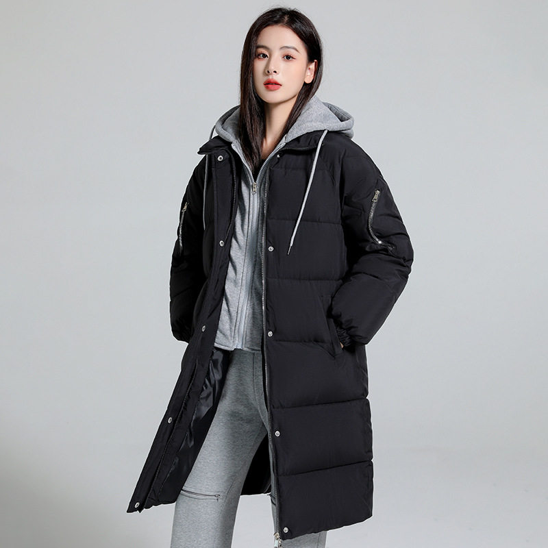 秋冬新款假两件休闲棉服女中长款冬季过膝连帽面包服棉衣外套