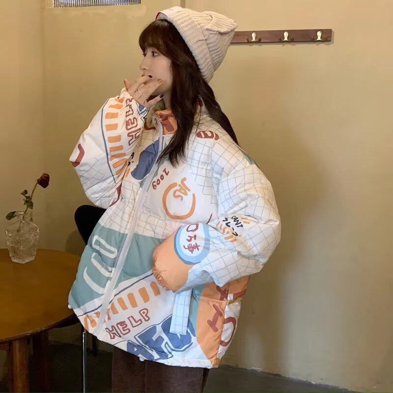 炸街棉服女新款秋冬装韩版宽松设计感棉袄印花加厚短款衣外套