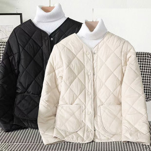 新款棉衣加绒加厚超轻棉服女菱形格禅修圆领韩版