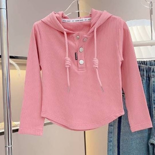 女童春秋2024新款长袖连帽T恤韩版薄款外穿儿童纯色简约打底衫潮