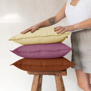 简约纯色亚麻抱枕套客厅沙发靠垫床头靠背带拉链可拆洗明线枕定制