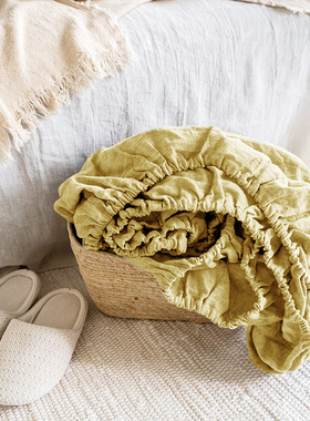 外贸法国原料纯色100%亚麻床笠三件套加高床垫保护套床罩单件定制