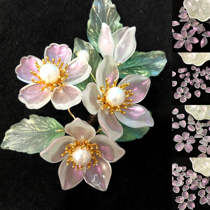 新款促销50个流光幻粉樱花琉璃花瓣散珠DIY手工发簪制作材料