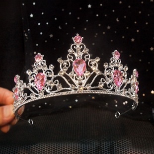 儿童皇冠高端头饰粉色公主生日演出王冠发箍小女孩高级感水晶发饰