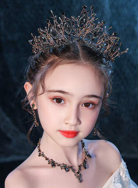 黑色复古儿童皇冠头饰公主生日女童小女孩王冠韩版水晶走秀演出仙
