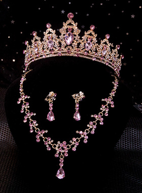 儿童皇冠头饰项链耳夹王冠套装紫色头饰公主女童耳饰搭配生日发饰