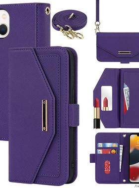 适用iphone1314promax壳苹果11/12翻盖皮套零钱卡包i13pro全包防摔XS/XR男女款7/8P镜子14带挂绳斜跨/S10/A53