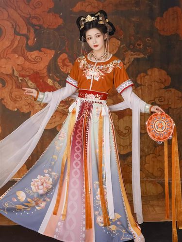 汉服女古典舞演出服中国风坦领齐腰三件套日常敦煌春夏复古民族风