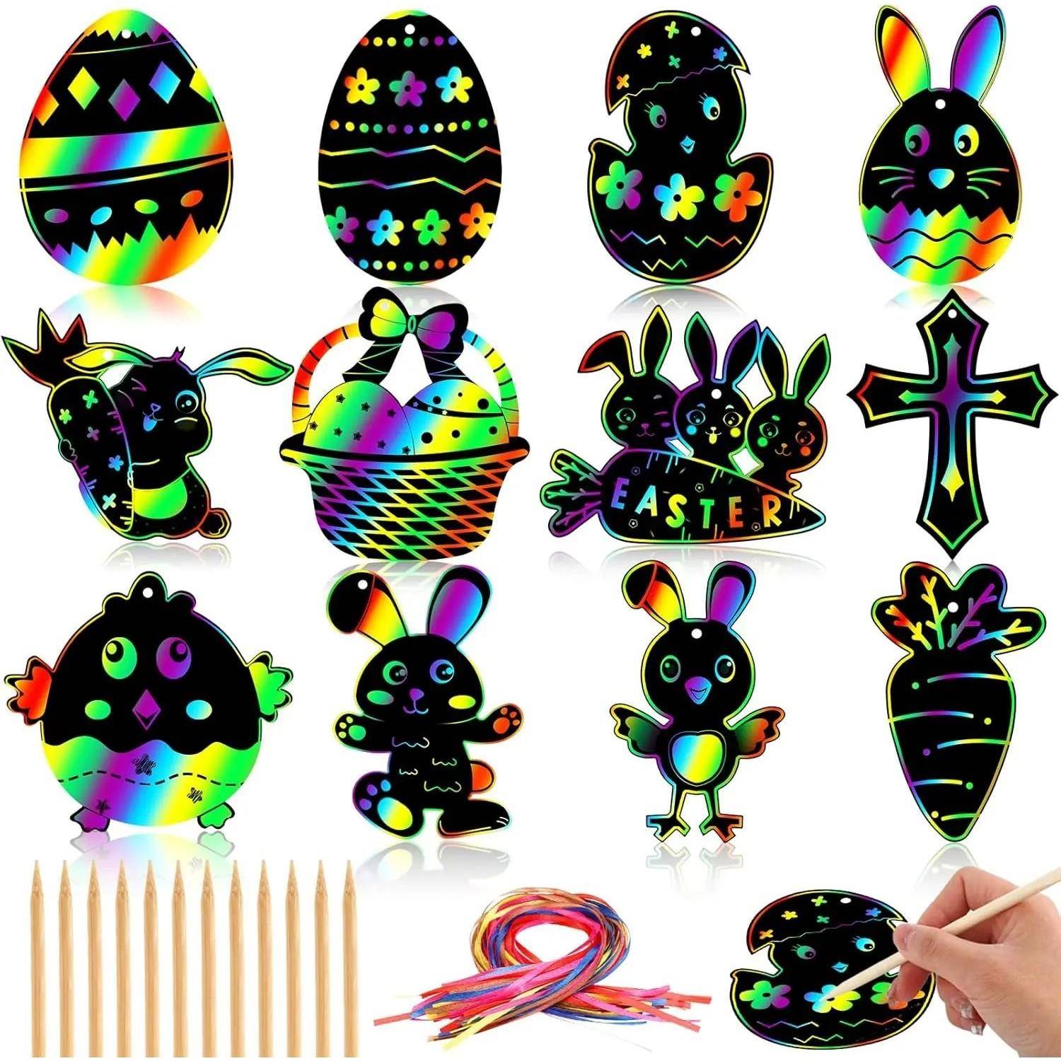 12pcs Easter Magic Scratch Paint Easter Eggs Crafts  for
