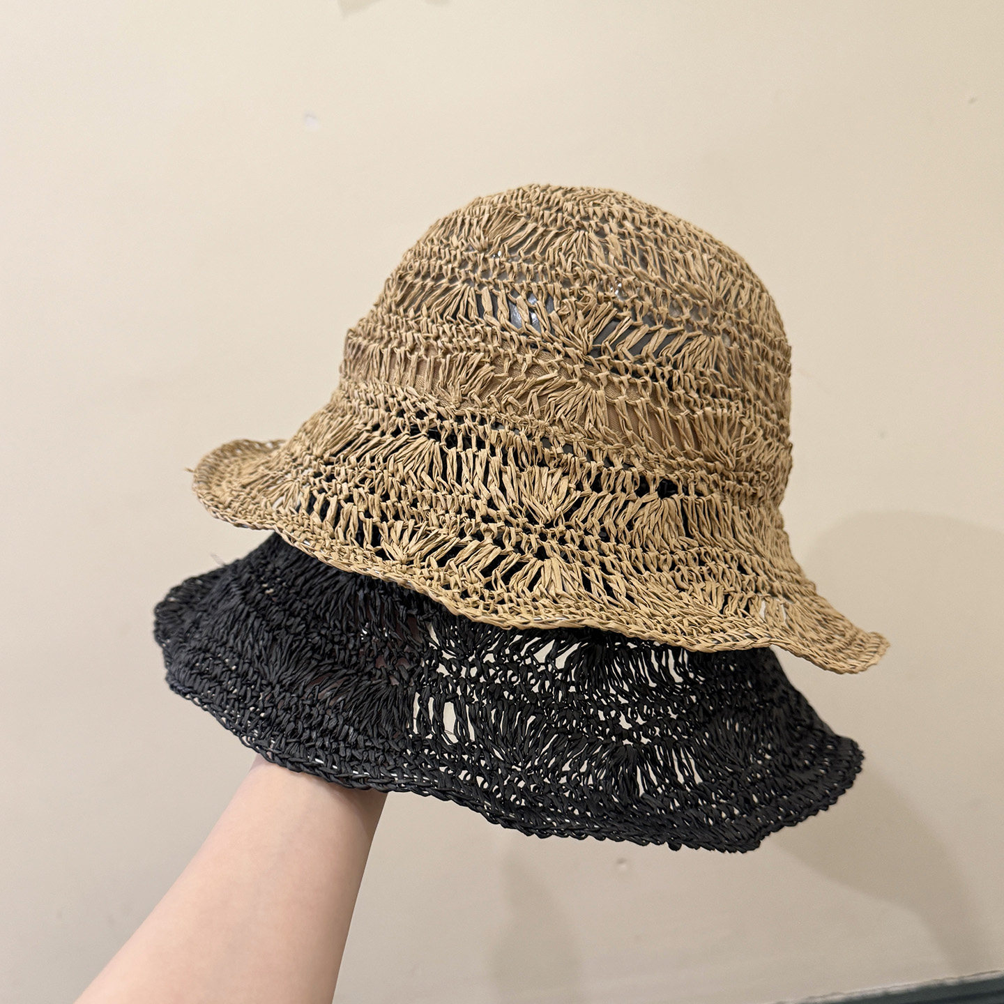 夏天可折叠镂空透气遮阳帽女新款简约纯色草帽出街显脸小防晒盆帽