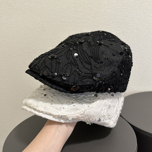 韩国重工款 显脸小反戴贝雷帽潮 亮片蕾丝鸭舌前进帽女街头春夏薄款