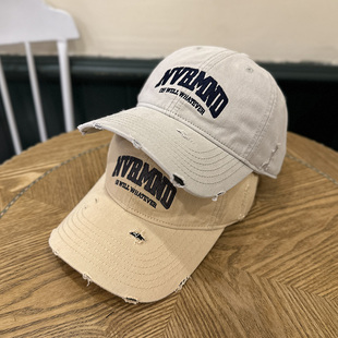 韩国全棉破洞字母棒球帽女出街百搭软顶做旧显脸小遮阳鸭舌帽情侣