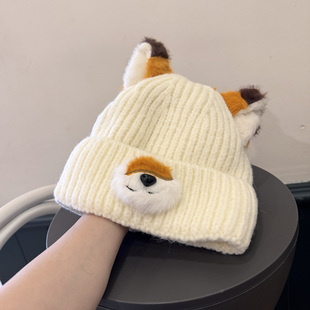 可爱橘色狐狸耳朵针织帽女秋冬加绒保暖护耳毛线帽潮百搭套头冷帽