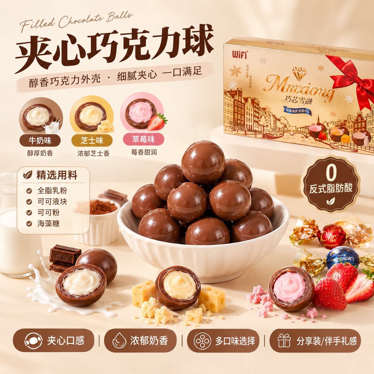 巧芯雪融夹心巧克力球可可脂草莓味牛奶味芝士味休闲小零食礼盒装