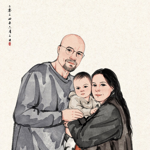 国风水墨漫画头像画情侣全家福约稿照片卡通Q版电子版手绘定制