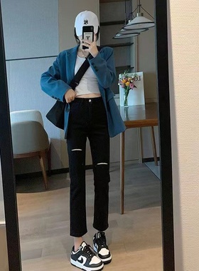 黑色牛仔裤女2023年新款夏季高腰小个子显瘦破洞九分直筒烟管裤子