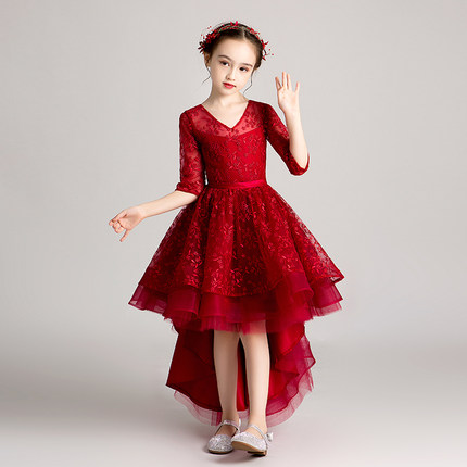 女童超仙公主裙蓬蓬纱生日长袖红色花童主持人礼服儿童钢琴演出服