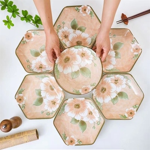 山茶花六角盘拼盘赠汤碗餐具家用陶瓷吃饭饭碗米饭吃碗 达人专属